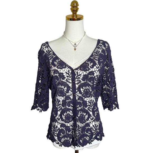 Questions by Say What? Sweaters - Crochet Lace blouse button down size M coquette cottagecore boho balletcore